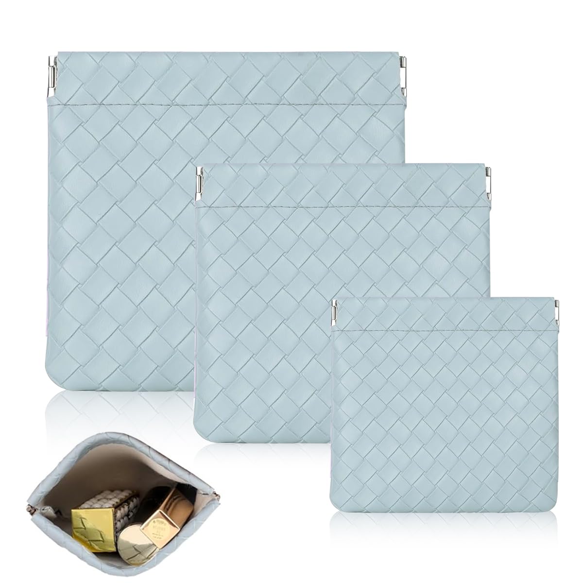 MAYCREATE 3Pcs Makeup Pouch for Travelling 3 Sizes Small Makeup Pouches for Women Weave Cosmetic Bags for Women PU Purse Organizer for Coin Lipstick Jewelry - Blue MAYCREATE 3Pcs Makeup Pouch for Travelling 3 Sizes Small Makeup Pouches for Women Weave Cosmetic Bags for Women PU Purse Organizer for Coin Lipstick Jewelry - Blue